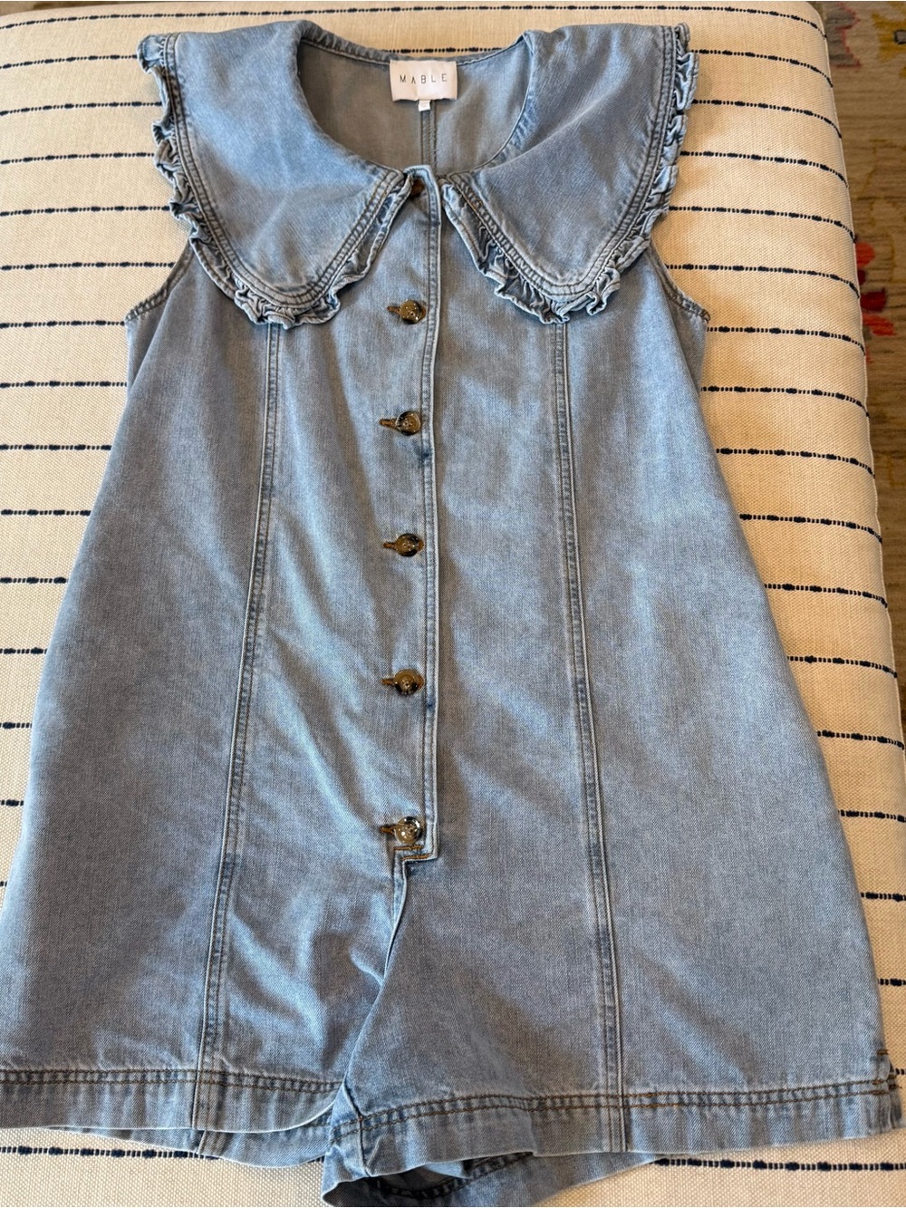 MABLE Light Blue Denim Romper with Ruffled Peter Pan Collar
